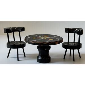 Vintage Fomerz Dollhouse Wood Table & 2 Chairs Painted Black